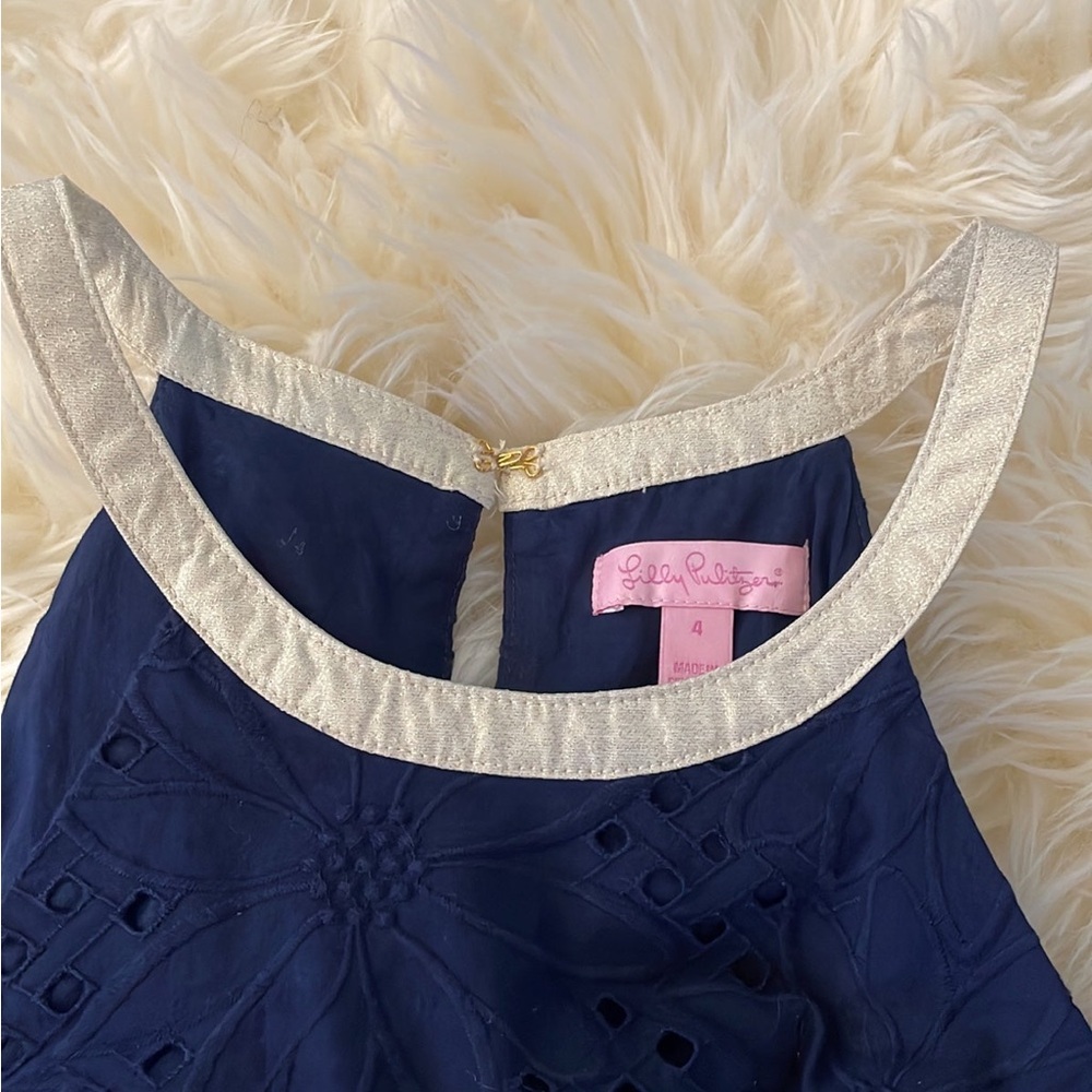LILLY PULITZER Pearl Navy Shift Dress True Navy Gold Lace Halter Size 4 - Picture 3 of 5